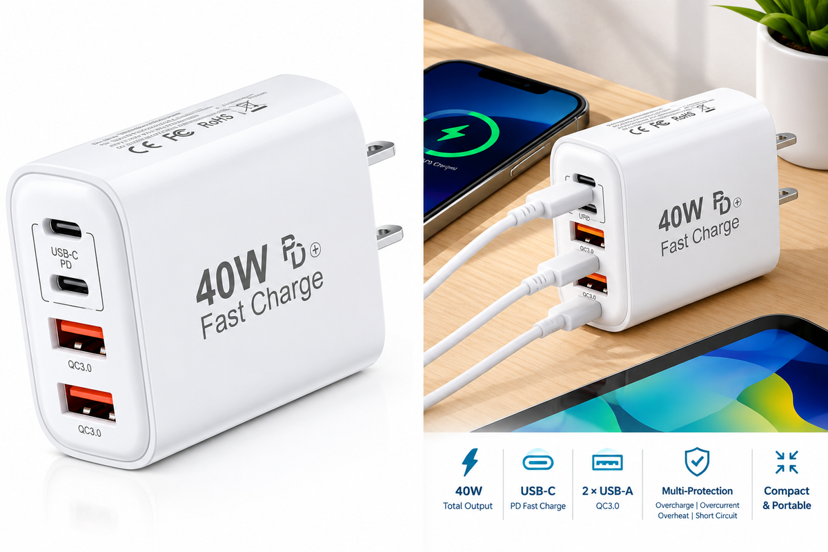 40W Fast Charging Adapter – Multi-Port USB-C PD Charger