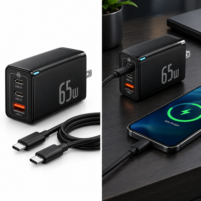 65W Fast Charger with USB-C Cable – 3-Port GaN Fast Charging Adapter