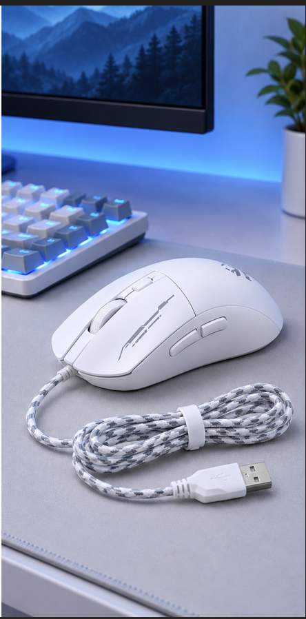 White Wired Gaming Mouse, Lightweight USB Mouse with Braided Cable for PC & Laptop