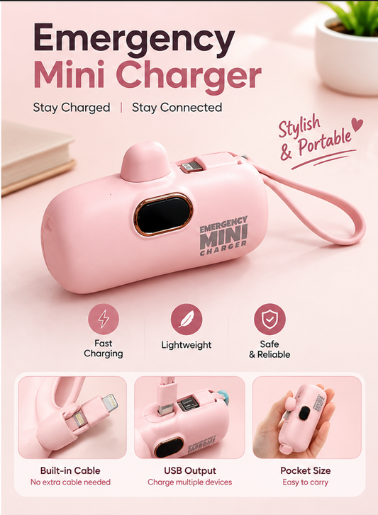 Emergency Mini Power Bank, Compact Portable Charger with Built-in Cable