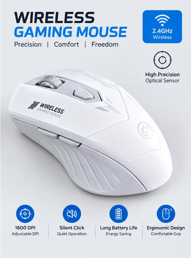 White Wireless Gaming Mouse, 2.4G Rechargeable Ergonomic Mouse for Laptop & PC