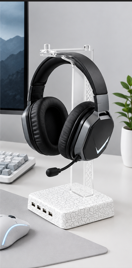 Acrylic Headphone Stand with 4 USB Ports, Desk Gaming Headset Holder