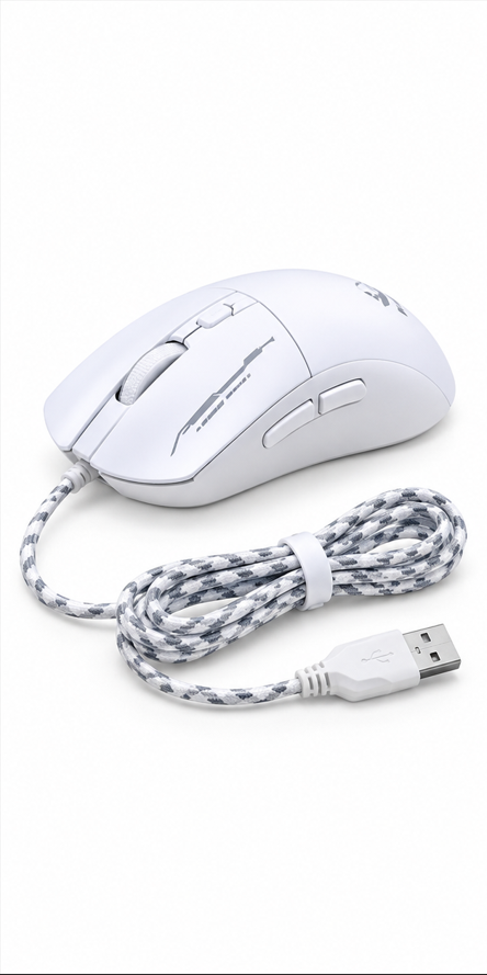 White Wired Gaming Mouse, Lightweight USB Mouse with Braided Cable for PC & Laptop