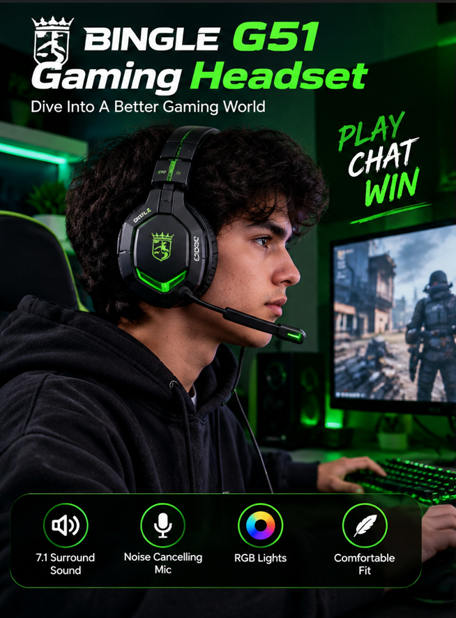 G51 Gaming Headset with Mic, 7.1 Surround Sound RGB Over-Ear Headphones for PC & PS4