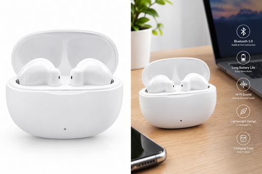White Wireless Bluetooth Earbuds with Charging Case – Portable True Wireless Earphones